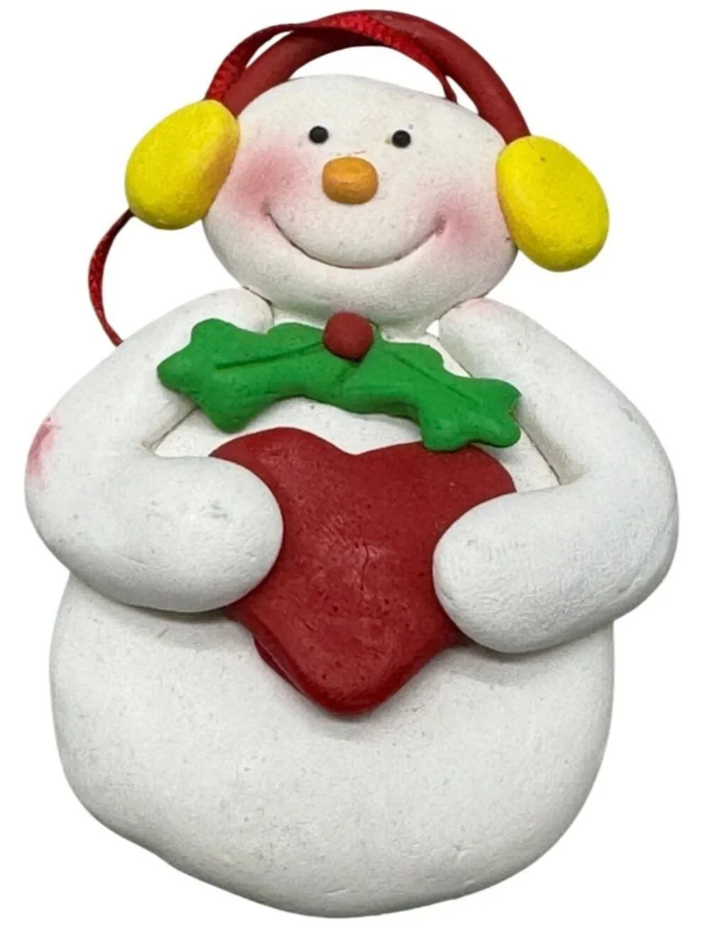 Handmade Christmas Clay Snowman Holding Red Heart Ornament 3